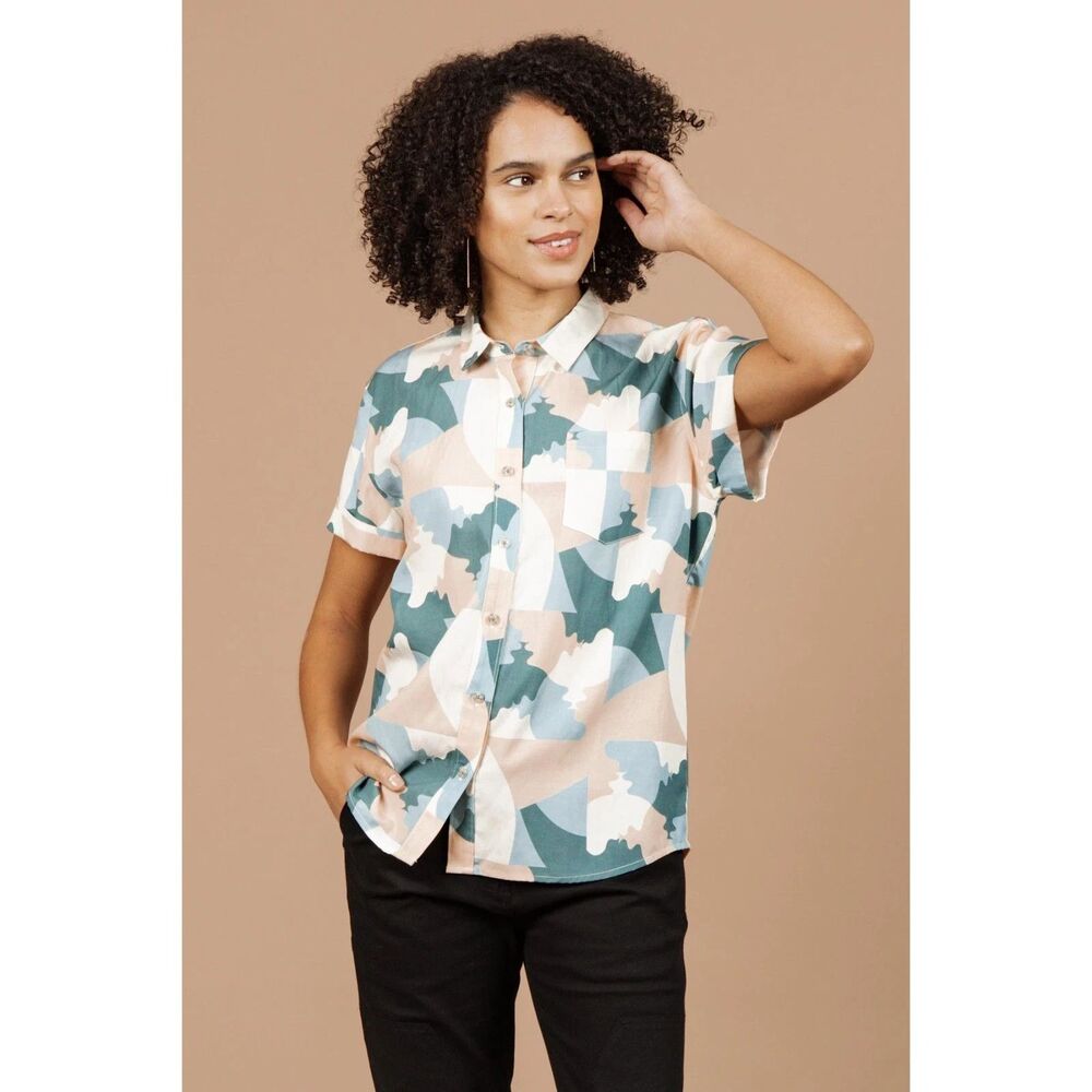 Bridge & Burn The bea Shirt Top Short Sleeve Buttondown Print Casual XL 290725
